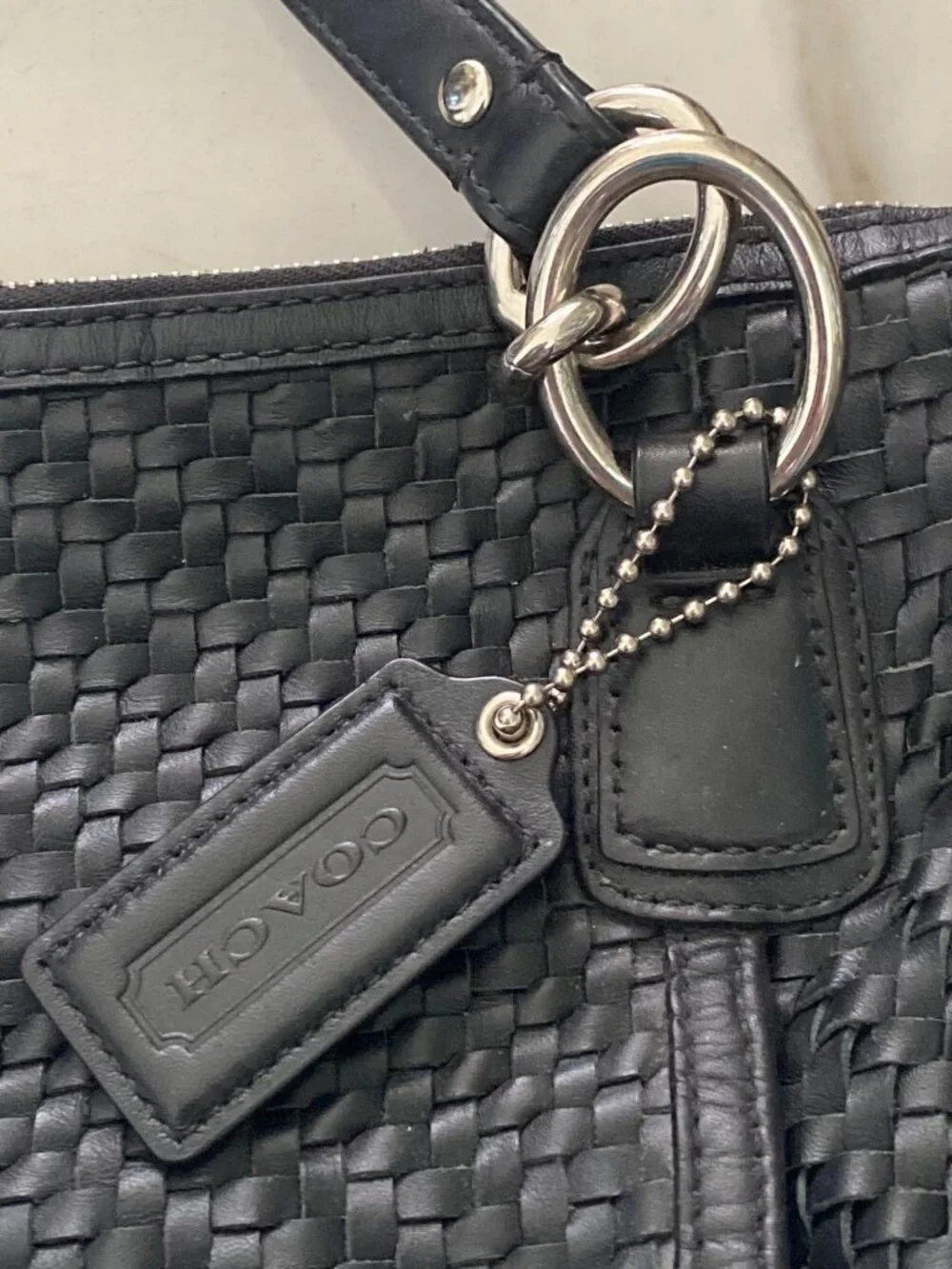 Coach Kristin Black Woven Leather Satchel With Closure & Adjustable Strap